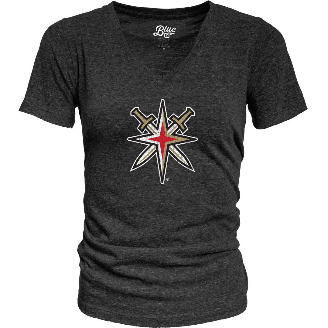 Dark gray V-neck Vegas Golden Knights Women’s Alternate Logo Junior Mascot Tee