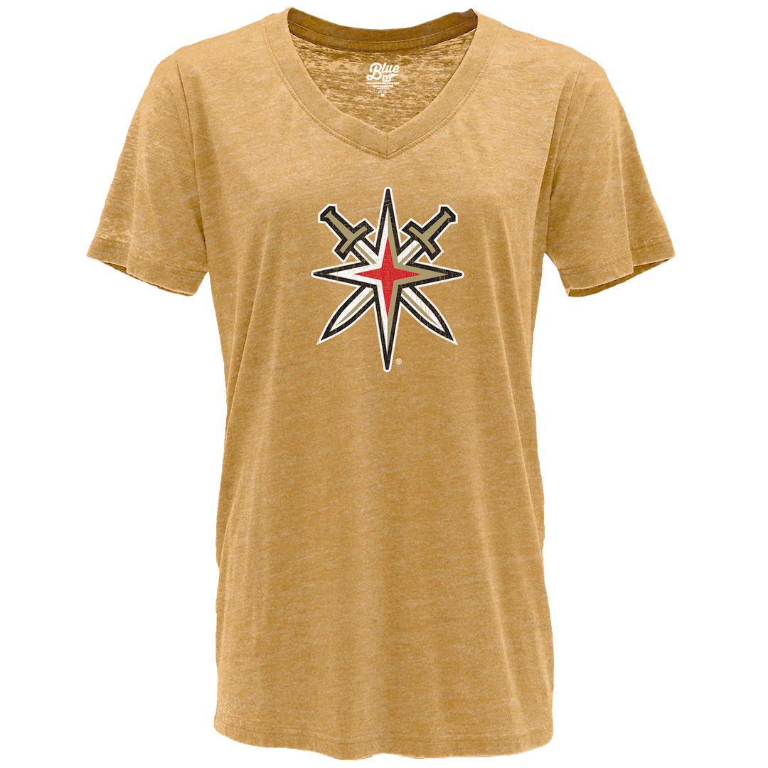 Tan V-neck t-shirt featuring crossed swords in Vegas Golden Knights women’s alternate logo junior design