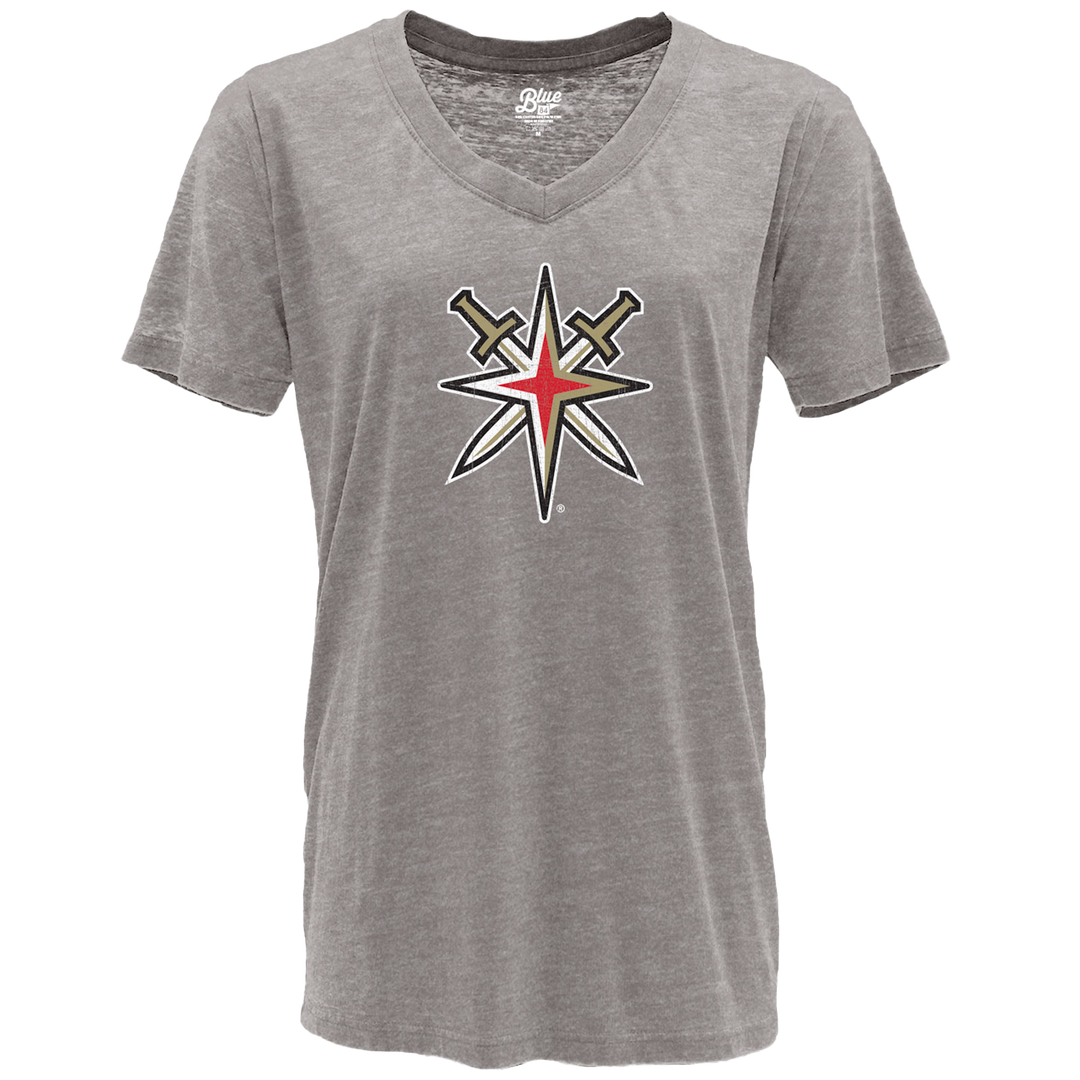 Gray V-neck t-shirt featuring a star logo and crossed swords for Golden Knights Women’s alternate logo junior mascot tee