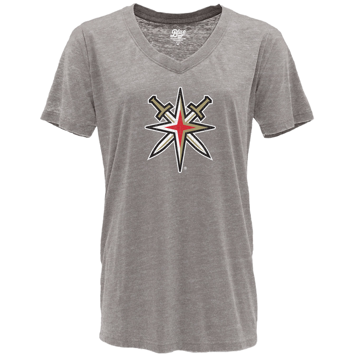 Gray V-neck t-shirt featuring a star logo and crossed swords for Golden Knights Women’s alternate logo junior mascot tee