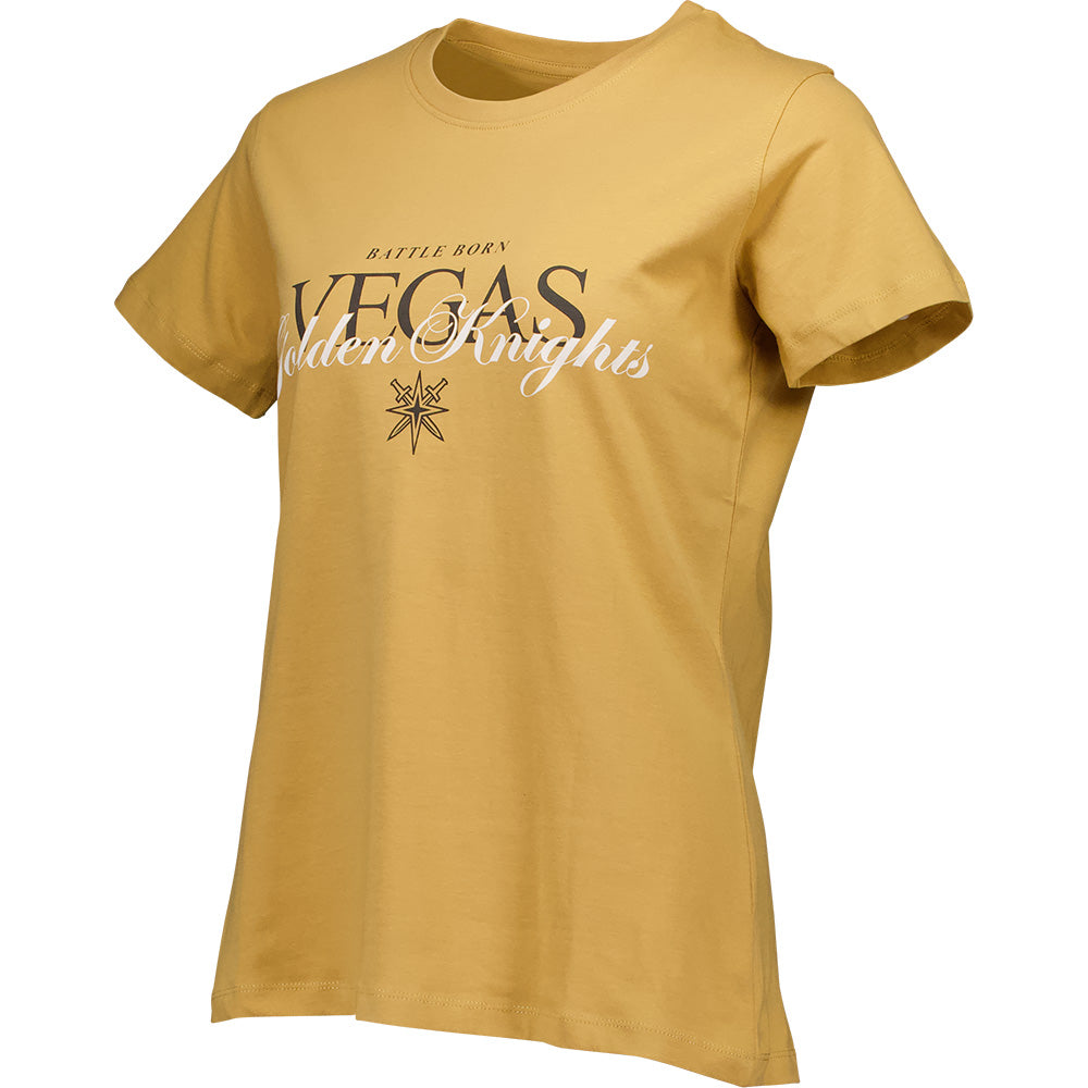 Yellow Vegas Golden Knights Battle Born Script Tee with star design for women