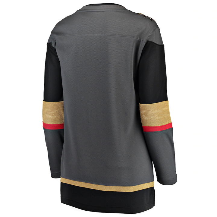 Vegas Golden Knights Women’s Gray Breakaway Jersey with black sleeves and gold-red stripes