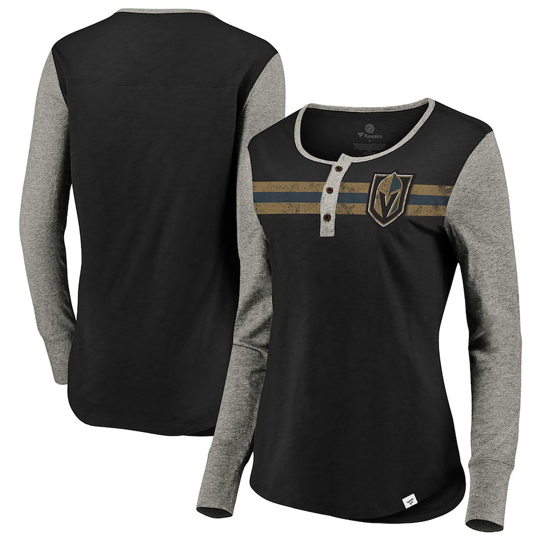 Vegas Golden Knights Fanatics Branded Womens True Classics Retro Henley Long Sleeve T-Shirt - Black/Grey - VegasTeamStore