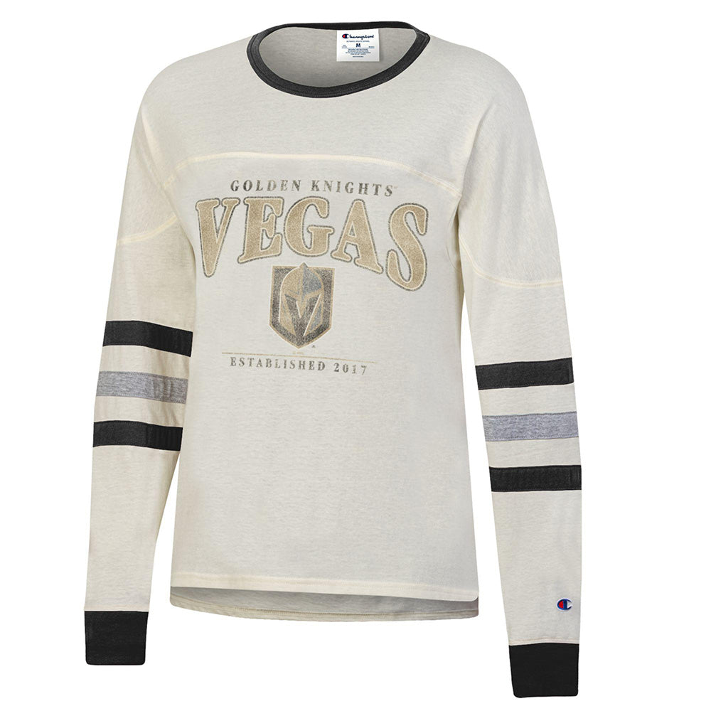 Long sleeve tee featuring Vegas Golden Knights logo and striped sleeves in a throwback style