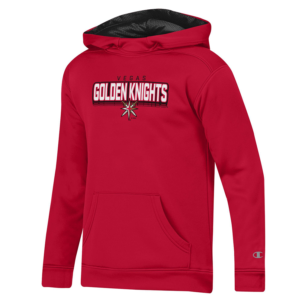 Red hoodie sweatshirt featuring Golden Knights text and star logo for Knights youth