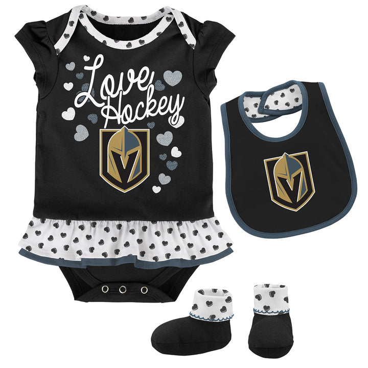 Vegas Golden Knights Outerstuff Infant Girls Love Hockey Creeper Bib & Booties Set - Black/White - VegasTeamStore