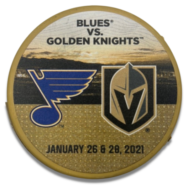 St Louis Blues @ Vegas Golden Knights Match-Up Souvenir Puck - January 26 & 28, 2021 - Vegas Team Store