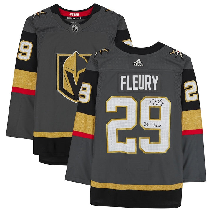 Marc-Andre Fleury Vegas Golden Knights Fanatics Authentic Autographed Black adidas Authentic Jersey with ''2021 Vezina'' Inscription