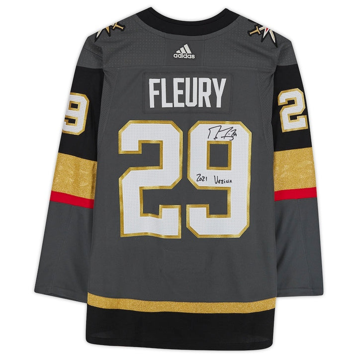Marc-Andre Fleury Vegas Golden Knights Fanatics Authentic Autographed Black adidas Authentic Jersey with ''2021 Vezina'' Inscription